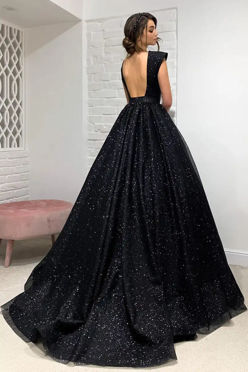 Deep V Neckline Evening Dresses Sparkly Glitters Bling Sequined Sleeveless A Line Formal Party Black Prom Gowns Sweep Train