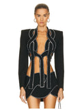 Special Design Suit Woman Set Shining Diamonds Crop Jacket And Mini Dress 2 Pieces Stylish Evening Party Outfit black