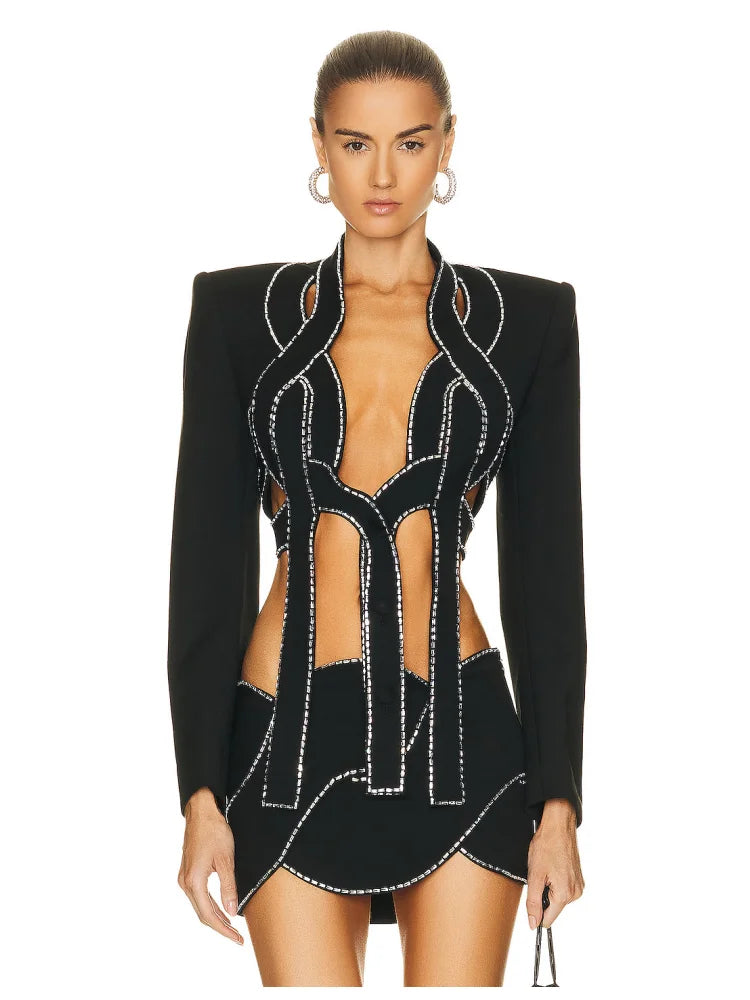 Special Design Suit Woman Set Shining Diamonds Crop Jacket And Mini Dress 2 Pieces Stylish Evening Party Outfit black