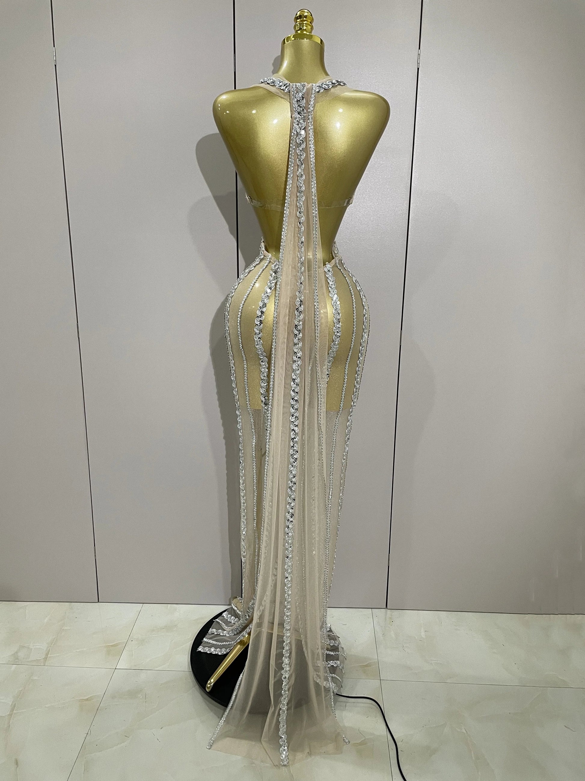 Luxury Sparkly Diamonds Sequins Sexy Mesh See Through Long Dress Women Celebrate Birthday party Dresses Festival Costume