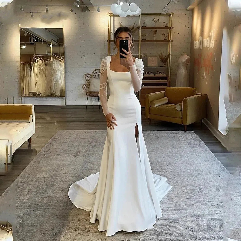 Square Collar Wedding Dress For Women Full Sleeves Simple Bridal Gowns Split Mermaid Elegant Bride Dress Customize To Measure White 14w