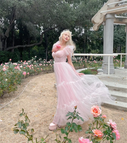 Sweet Baby Pink Prom Dress 2023 Cute Short Sleeve فساتين مناسبة رسمية Cute A-line Tulle Vestidos De Noche