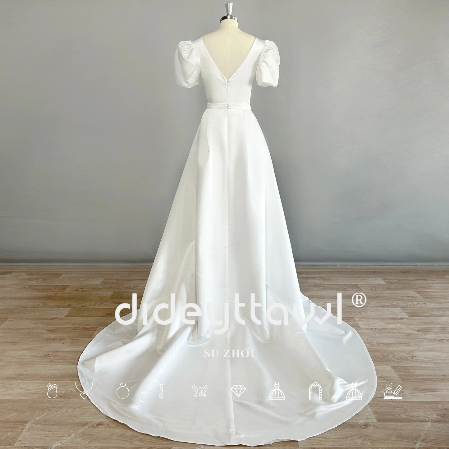 Mangas de sopro curto cetim elegante vestido de noiva curto destacável trem v pescoço mini vestido de noiva de comprimento