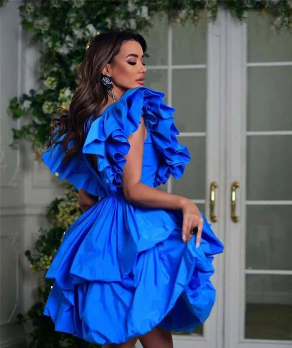 Royal Blue Short Prom Dresses Fashion Tiered Ruffle Satin Women Cocktail Gowns Custom Made Formal Occasion Dresses