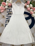 Listing Elegant Striped Knit Dress Women O-neck Sleeveless A-line Dresses Club Evening Party Midi Vestido WHITE