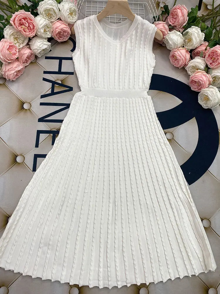 Listing Elegant Striped Knit Dress Women O-neck Sleeveless A-line Dresses Club Evening Party Midi Vestido WHITE