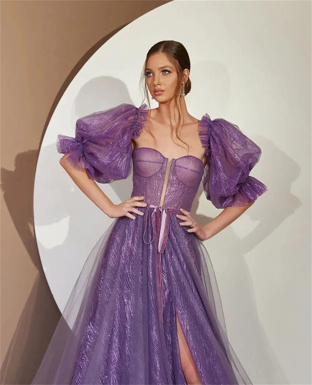Elegant Puffy Sleeve Prom Dress Green فساتين السهرة Side Split Vestidos De Noche Gliiter Off Shoulder Maxi Party Dresses PURPLE