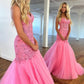 Mermaid Prom Dresses Lace Applique Tulle Beaded Rhinestone Sweetheart Illusion Long Sweep Train Formal Party Evening Gowns