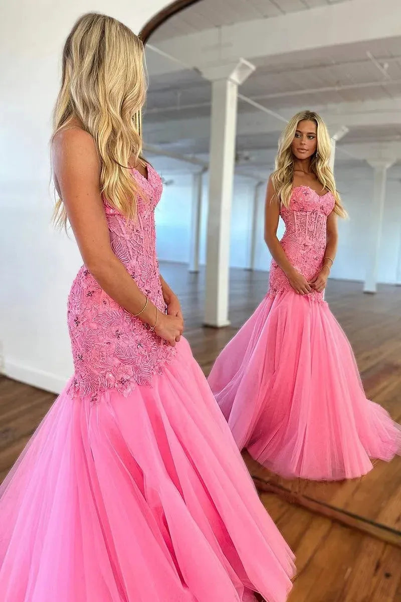 Mermaid Prom Dresses Lace Applique Tulle Beaded Rhinestone Sweetheart Illusion Long Sweep Train Formal Party Evening Gowns Pink