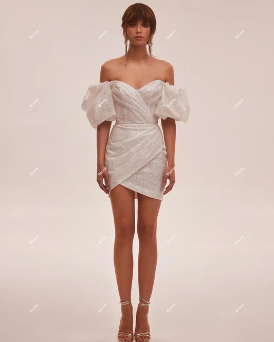 Brokat Krótkie sukienki na przyjęcie weselne syreny kochanie puff rękawy narzeczone suknie balowe błyszcząca sukienka koktajlowa koronkowa