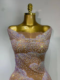 Women Sexy Mesh See Through Mini Dress Celebrate Birthday Evening Party Dress Luxury Rhinestones Stage Performance Costume