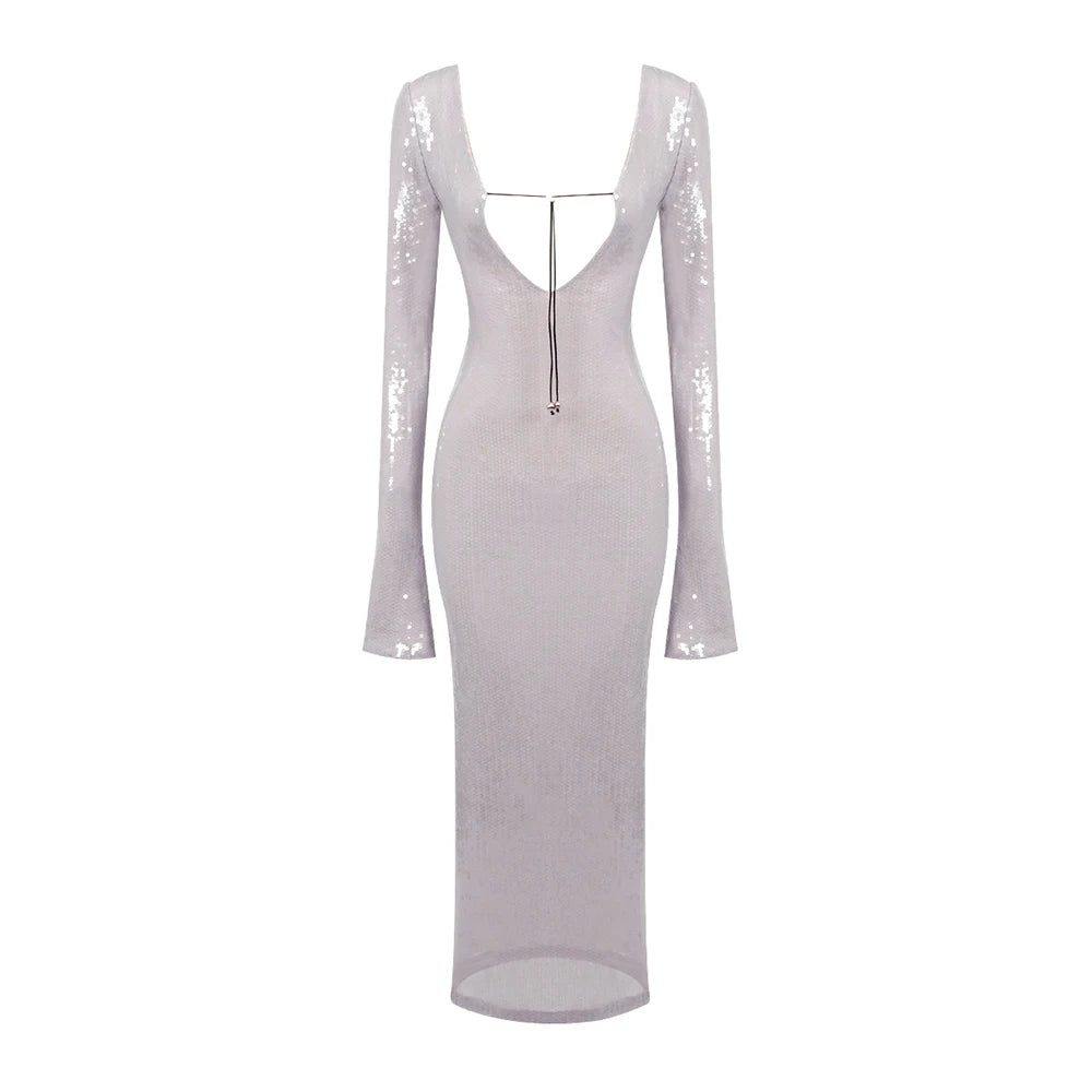 Dresses For Women Deep V Plunge Sexy Long Sleeves Ankle Length Sequins Bodycon Clothes Evening Dress Vestido Lavender
