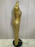 Sexy Sparkly Gold Rhinestones Sleeveless Mesh Two Piece Long Dress Women Birthday Party Celebrate Prom Stage Costume