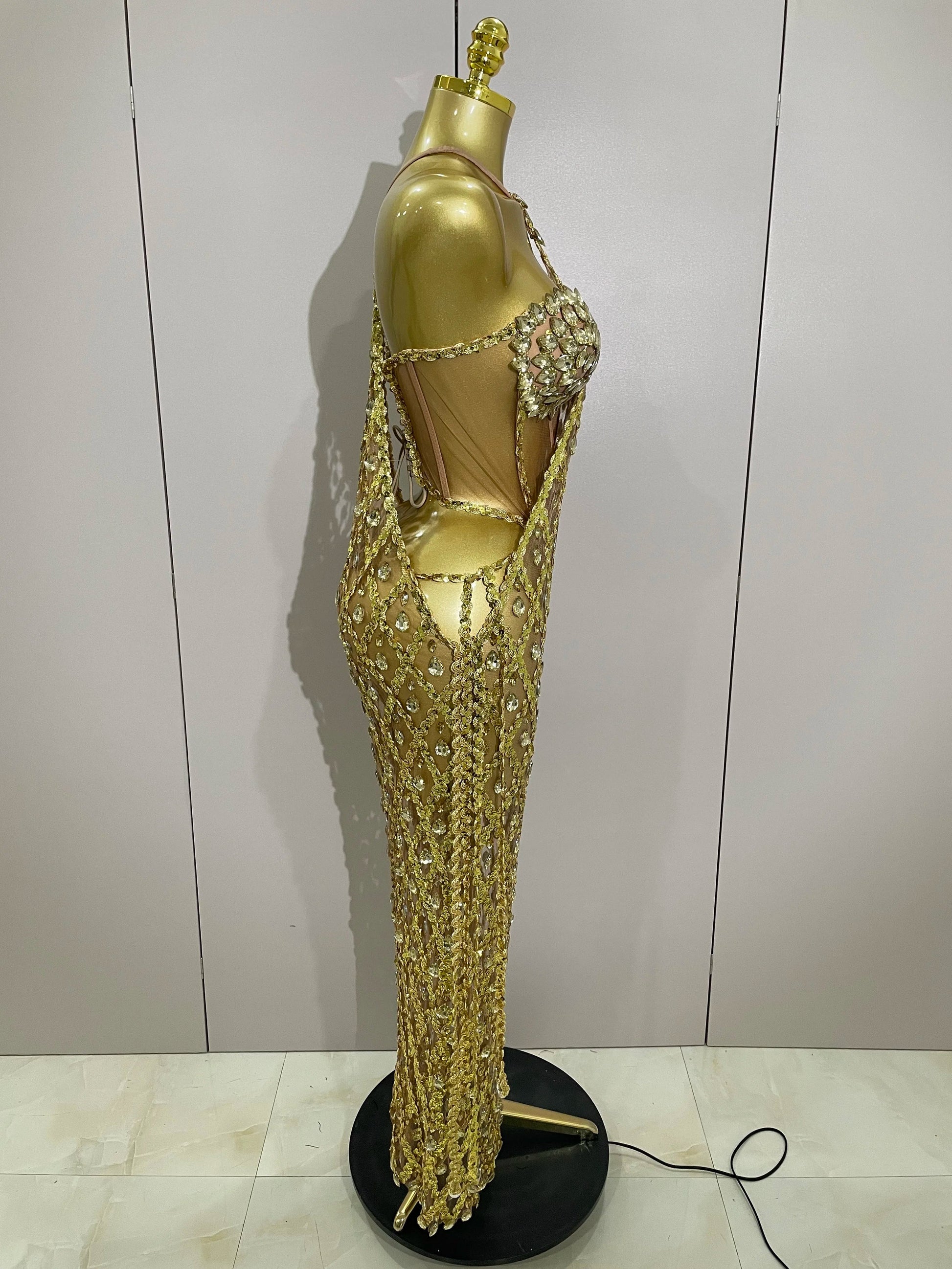 Sexy Sparkly Gold Rhinestones Sleeveless Mesh Two Piece Long Dress Women Birthday Party Celebrate Prom Stage Costume