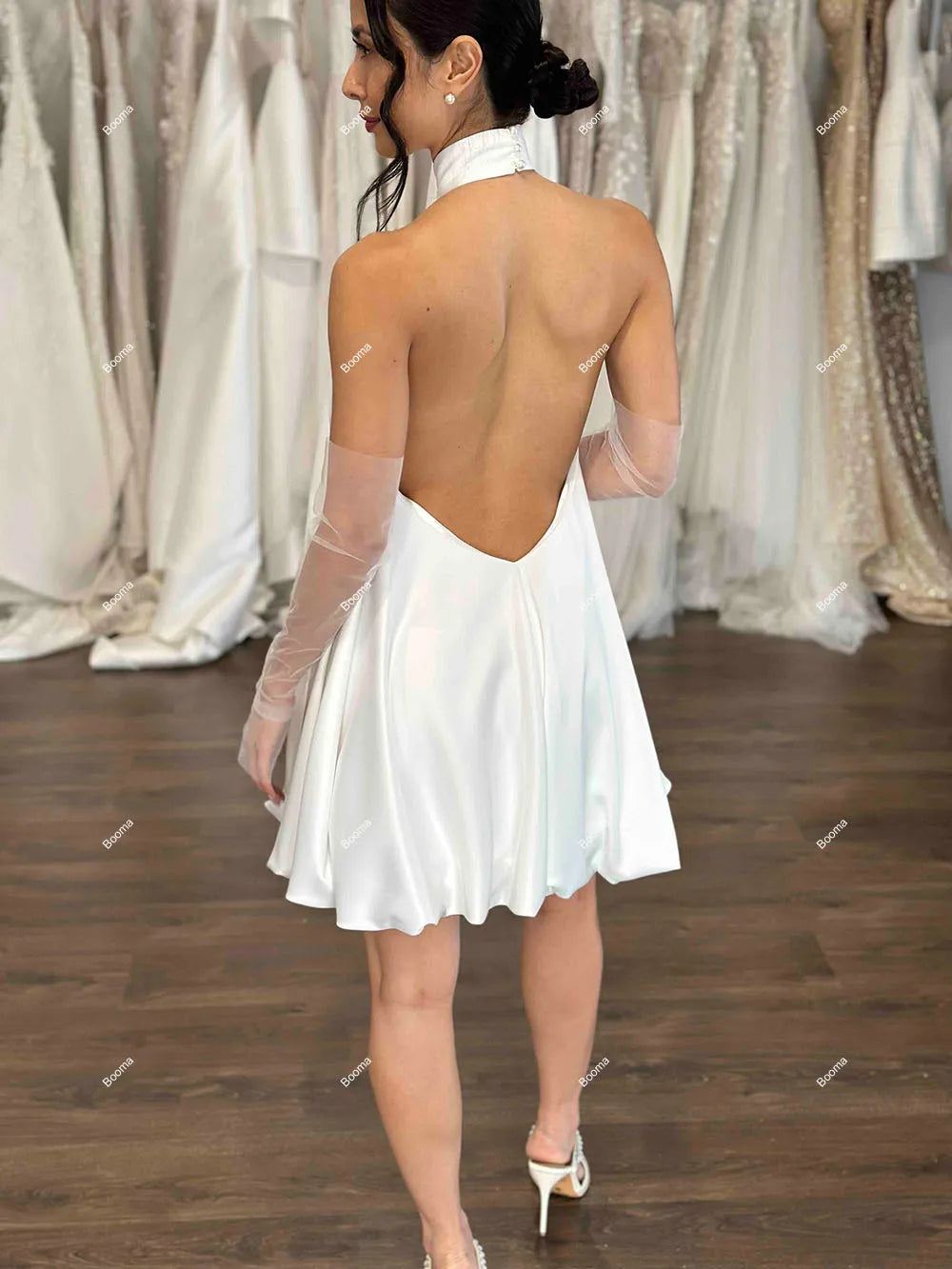 Einfache A-Linie kurze Hochzeitsfeier Kleider Halfer Puffrock Kleider Kleider Rückenloser Abschlussballkleider für Frauen Cocktailkleid