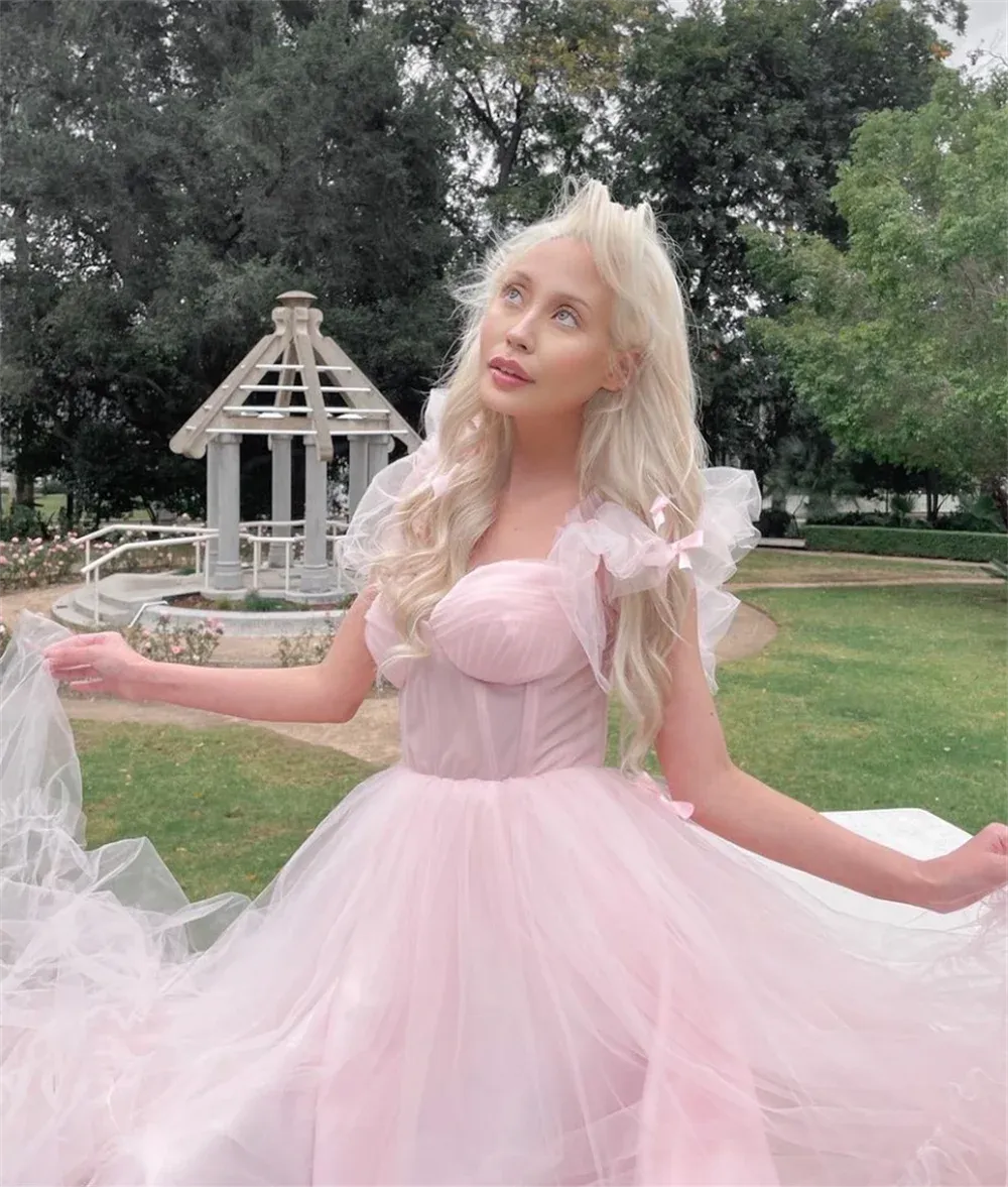 Sweet Baby Pink Prom Dress Cute Short Sleeve فساتين مناسبة رسمية Cute A-line Tulle Vestidos De Noche Pink