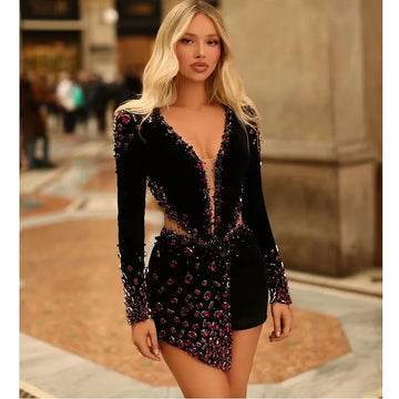 Red Diamonds Beading Sexy Hollow Out Black Mini Bandage Dress Luxury Woman Evening Party Dress Birthday Party Outfit