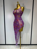 Women Sexy Mesh See Through Stretchy Sparkly Rhinestone Performance Costume Stage Dancer Nightclub Party Luxury Birthday Dress