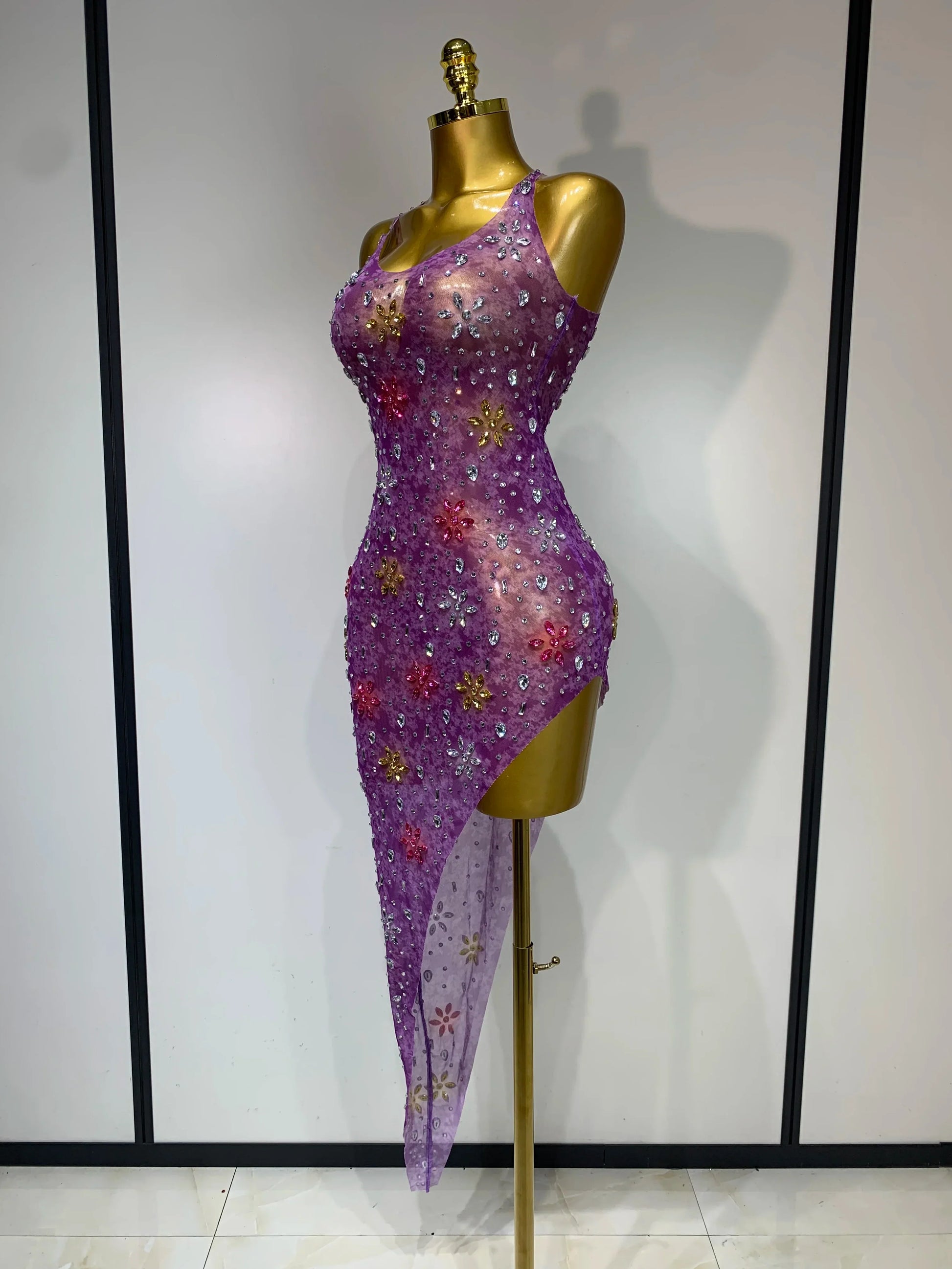 Women Sexy Mesh See Through Stretchy Sparkly Rhinestone Performance Costume Stage Dancer Nightclub Party Luxury Birthday Dress