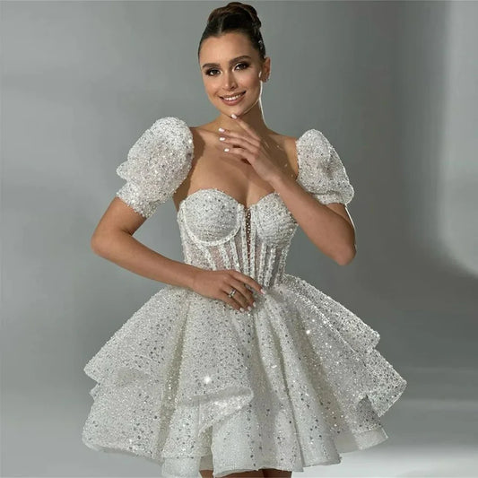 Vestidos de novia cortos con cuentas y lentejuelas, mangas abullonadas, vestidos de fiesta de princesa con forma de corazón, vestido elegante de lujo para mujer