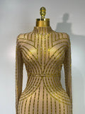 Sexy Long Sleeve Mesh See Through Gold Silver Maxi Dress Evening Party Singer Costume Stage Performance Luxury Birthday Dress