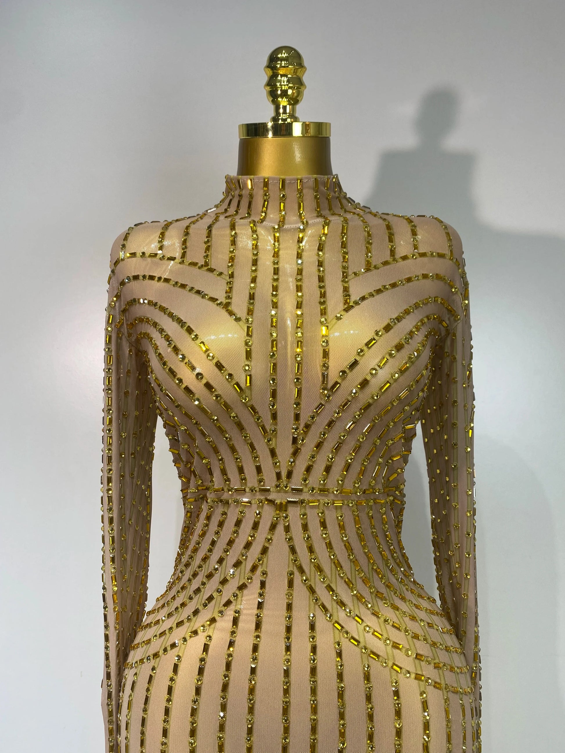 Sexy Long Sleeve Mesh See Through Gold Silver Maxi Dress Evening Party Singer Costume Stage Performance Luxury Birthday Dress