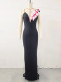 Sexy Women's 3D Flower Decoration Long Dress Strapless Sleeveless Bodycon Backless Max Dress Cocktail Evening Party Vestido black