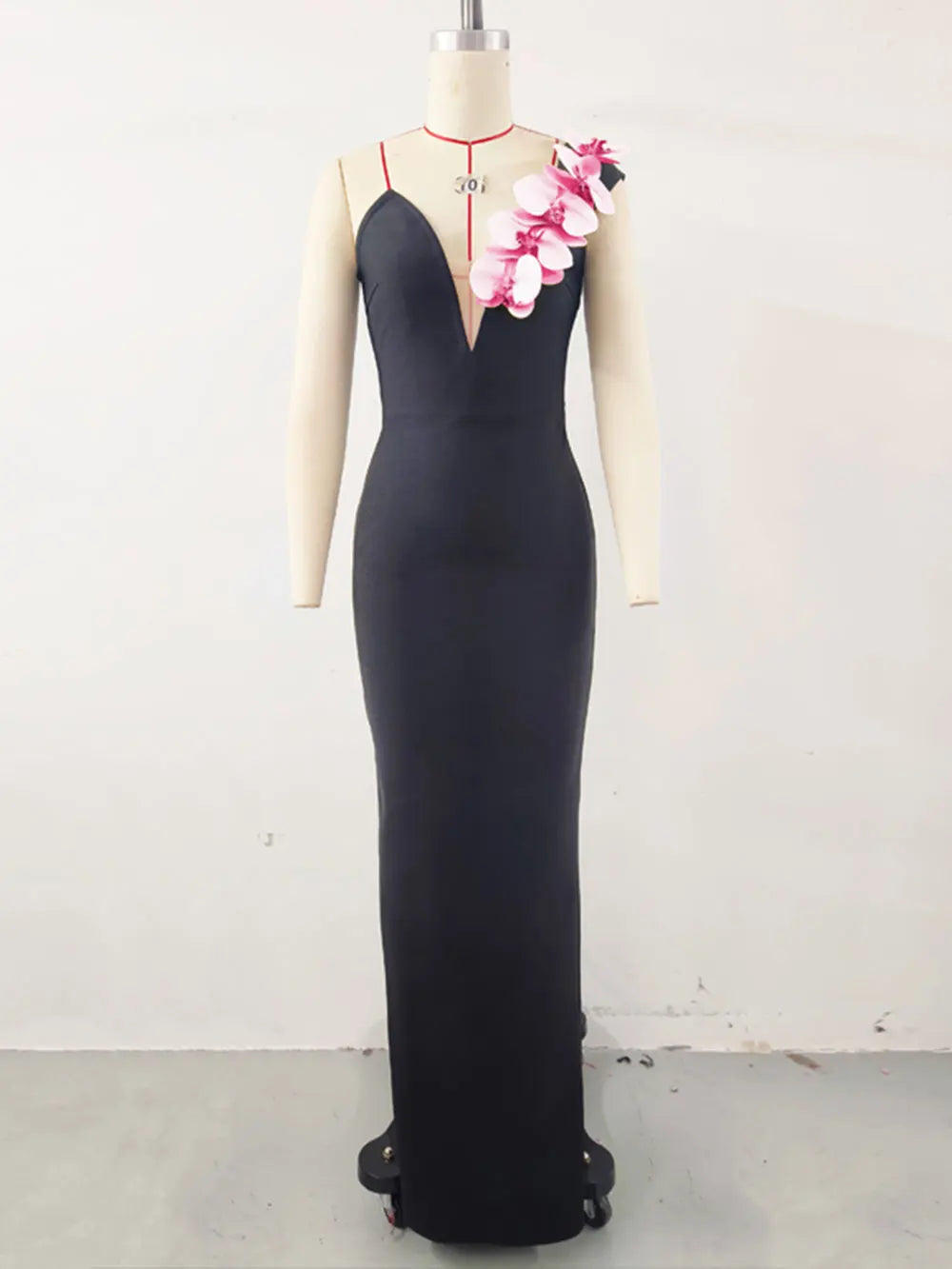 Sexy Women's 3D Flower Decoration Long Dress Strapless Sleeveless Bodycon Backless Max Dress Cocktail Evening Party Vestido black