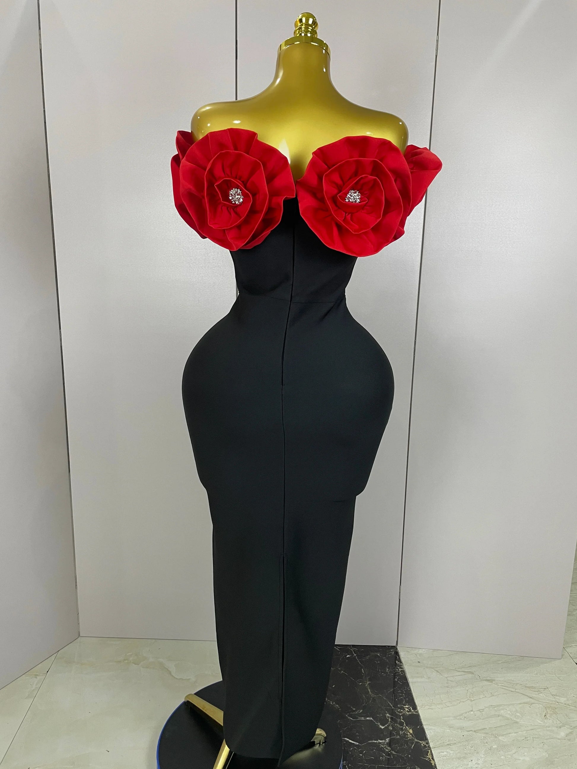 Stereoscopic Red Flowers Sexy Off The Shoulder Ankle Lenght Bandage Dress Woman Birthday Party Vestido Wedding Party Outfit