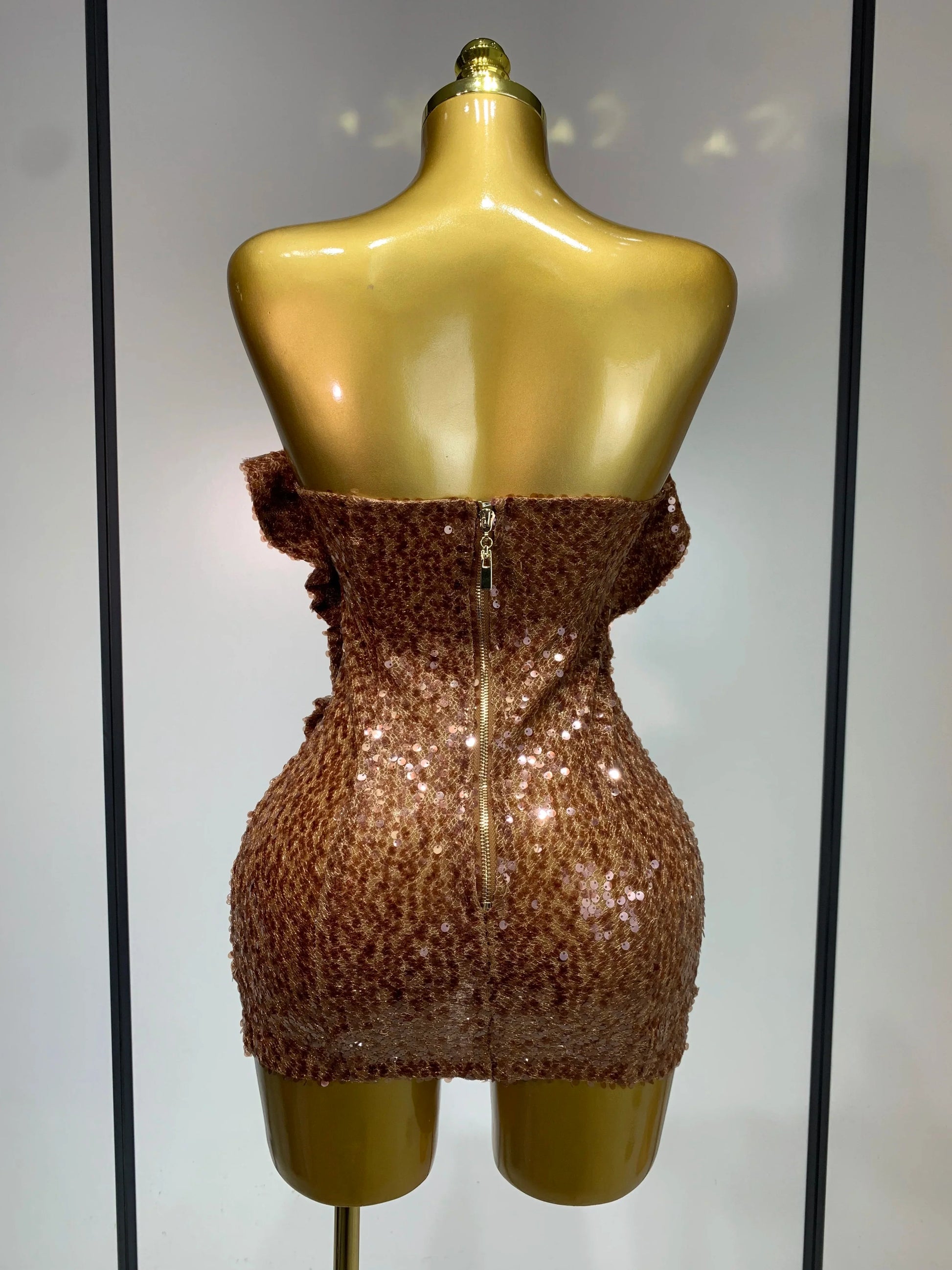 Women Sexy Strapless Backless Brown Sequins Mini Dress Celebrity Elegant Evening Party Club Luxury Birthday Guest Gown