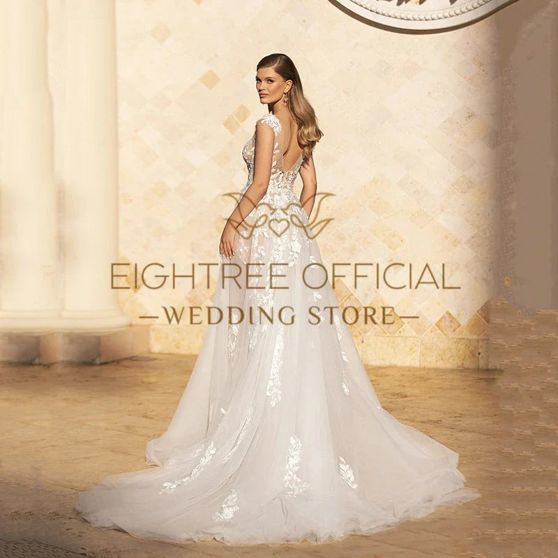 Elegant A-Line Wedding Dresses Deep V-Neck Appliques Long Bridal Dress Boho Beach Wedding Prom Ball Gowns Customized