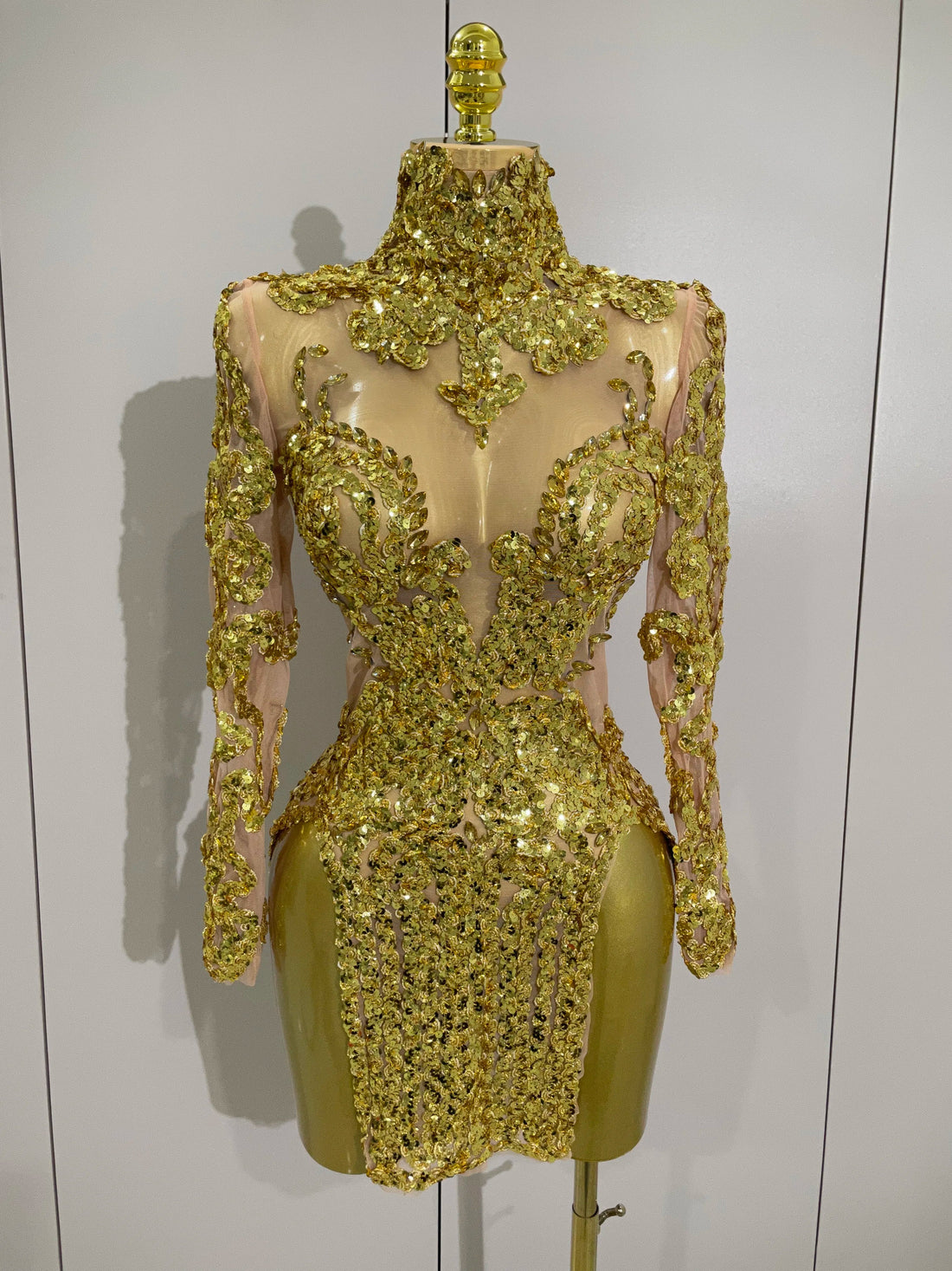 Luxury Sparkly Sequins Stretch Long Sleeve Mesh Mini Dress Women Birthday Party Nightclub Dancer Stage Performance Costume Gold