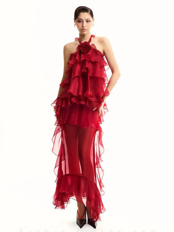 Women Gauze Perspective Irregular Elegant Long Party Dress Ruffles Sleeveless Fashion Tide Summer