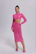 Sparkling square Diamonds Sexy Mesh See Through Top And Skirt Woman Fashion Set High Street Wear Evening Party Outfit