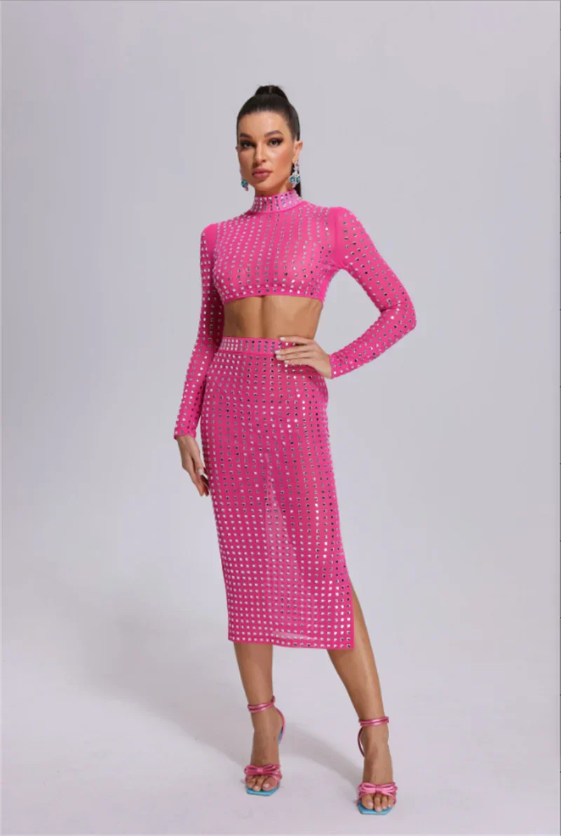 Sparkling square Diamonds Sexy Mesh See Through Top And Skirt Woman Fashion Set High Street Wear Evening Party Outfit