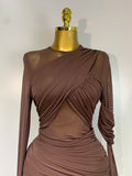 Elegant Brown Mesh Fold Long Sleeve Bodycon Dress Women Evening Party Club Sexy Perspective Fashion Luxury Birthday Dresses