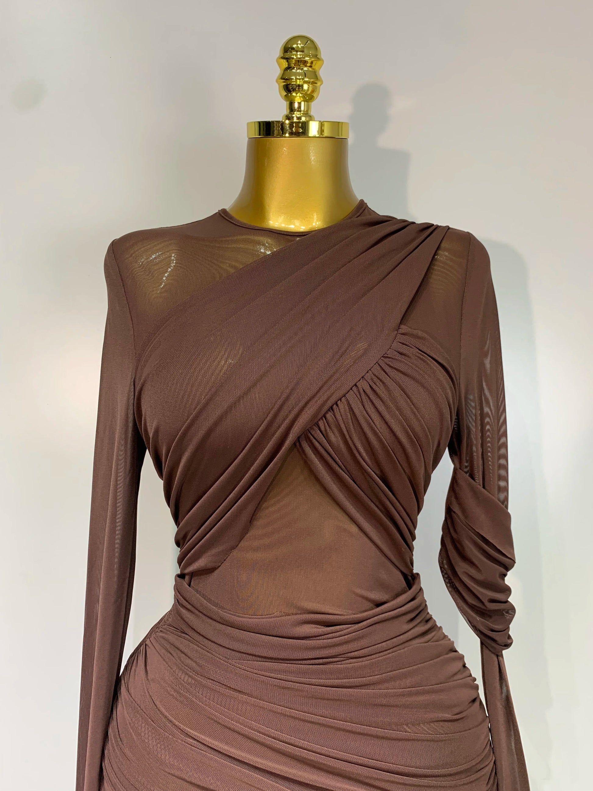 Elegant Brown Mesh Fold Long Sleeve Bodycon Dress Women Evening Party Club Sexy Perspective Fashion Luxury Birthday Dresses