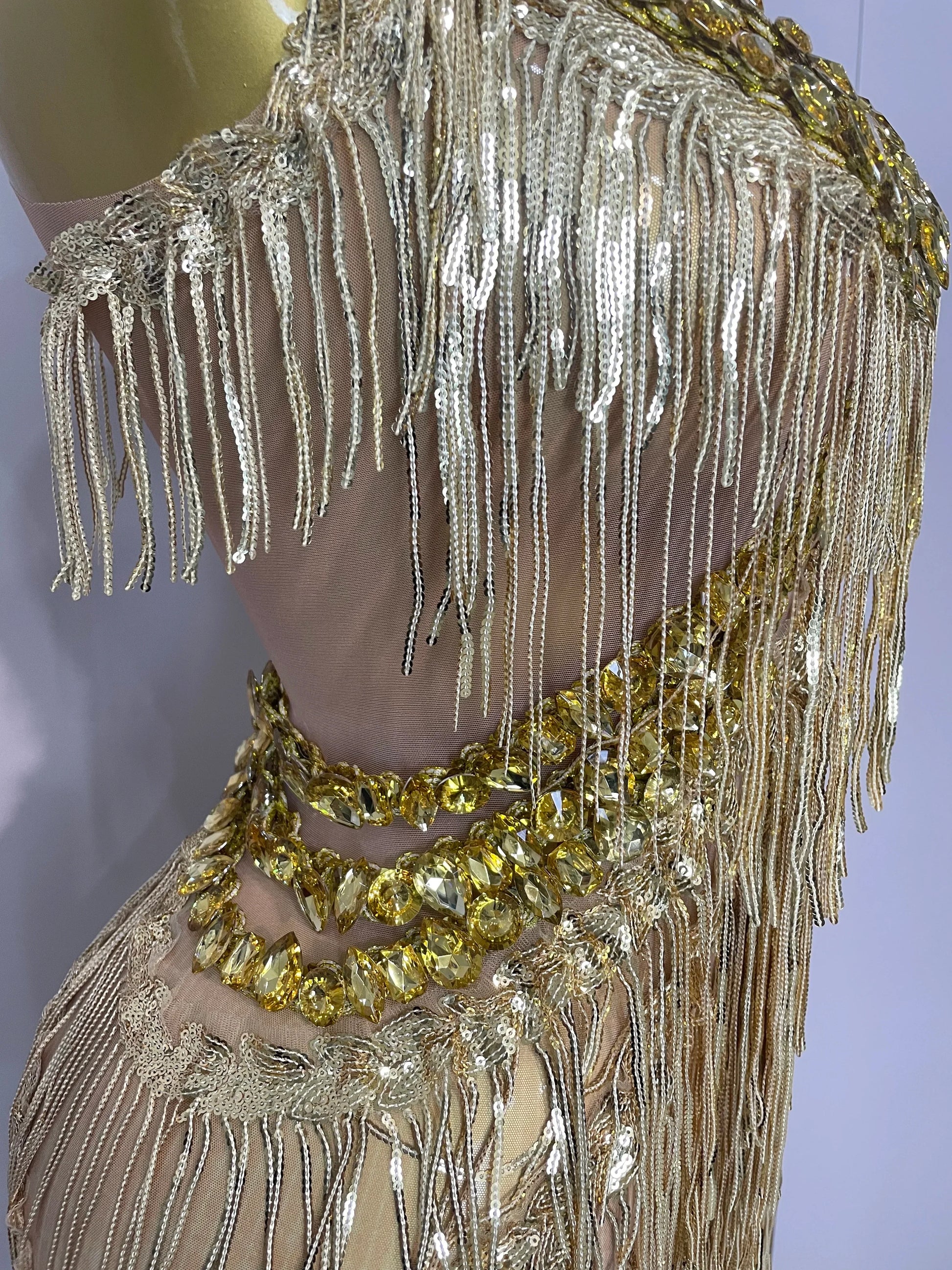 Shiny Gold Rhinestones Sequined Fringe Wide-leg jumpsuit Women Sexy Night Party Club Outfit Singer Stage Perform Costume
