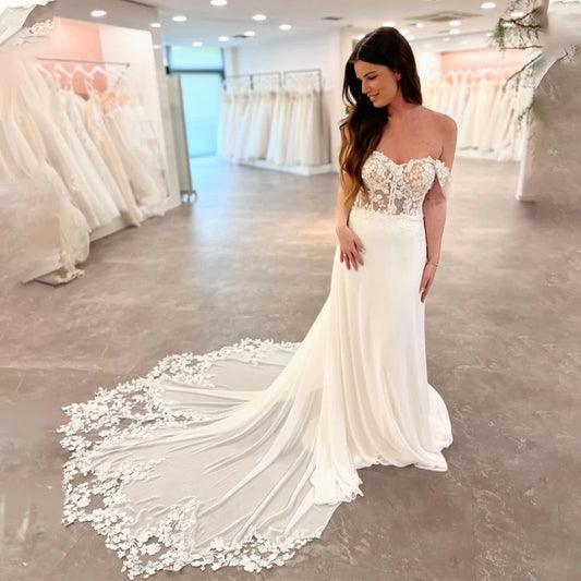 Beautiful Off Th Shoulder Sweethart Lace A Line Wedding Dresses Sweep Train Custom Made 2025