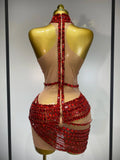 Sparkly Red Rhinestone Mini Dress Womer Sexy Mesh Birthday Wedding Party Prom Gowns Drag Queen Costume Singer Stage Outfit