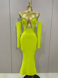 Sexy Off Shoulder Luxury Diamonds Long Bodycon Bandage Dress Women Celebrity Elegant Prom Gown Birthday Club Cocktail Dress Fluorescent Green