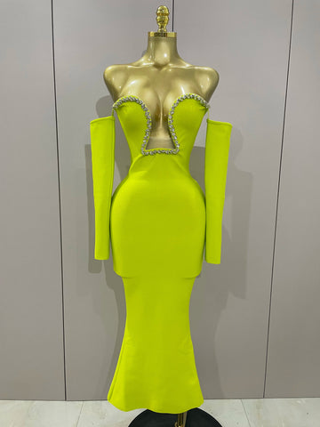 Sexy Off Shoulder Luxury Diamonds Long Bodycon Bandage Dress Women Celebrity Elegant Prom Gown Birthday Club Cocktail Dress Fluorescent Green
