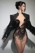 Sparkly Rhinestone Sequin Tassel Coat And Skirt 2Pcs Women Birthday Party Nightclub Dj Stage Performance Costume