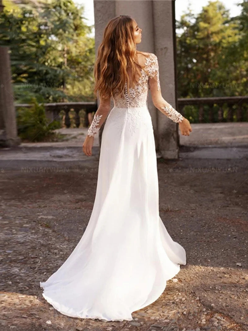 Elegant Long Sleeve Lace Appliques Chiffon Boho Wedding Dresses Sweep Train A-Line Bride Dress Bohemian White Vestidos De Noiva