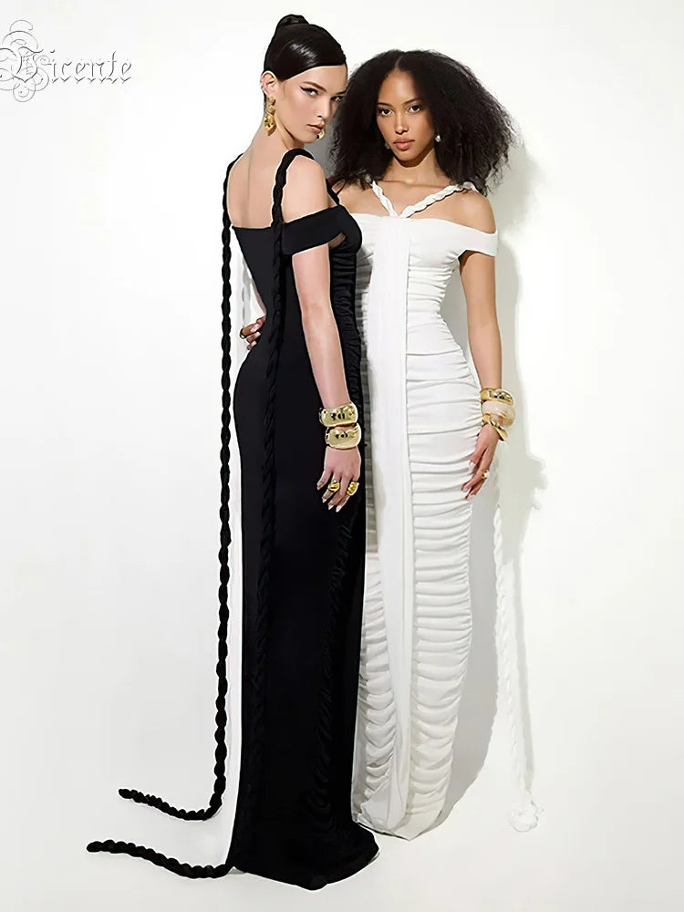 Braid Ribbon Ruched Bodycon Maxi Dress Women Off Shoulder Short Sleeves Slim Solid Evening Party Long Robe Gowns