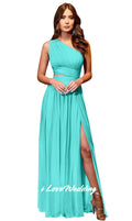 Women One Shoulder Bridesmaid Dress Chiffon Sleeveless A-Line Side Split Pleat Floor-Length Wedding Party Dress Customized Photo Color 1
