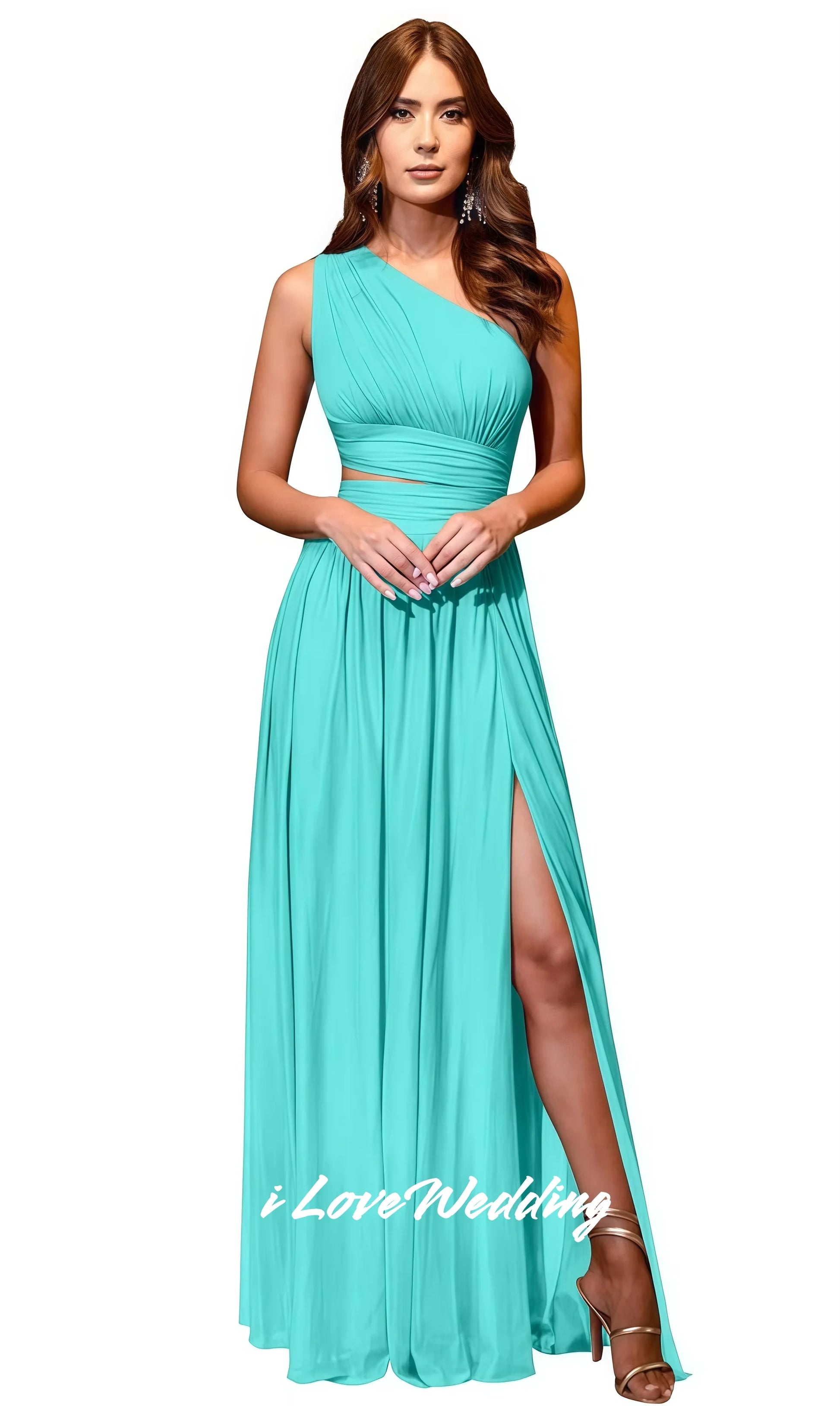 Women One Shoulder Bridesmaid Dress Chiffon Sleeveless A-Line Side Split Pleat Floor-Length Wedding Party Dress Customized Photo Color 1