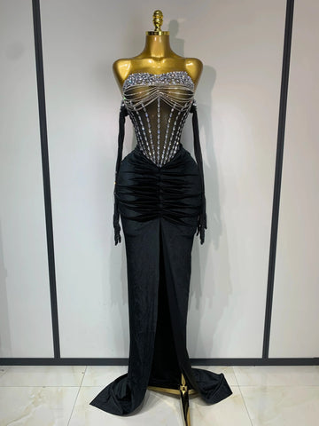 Women Sexy Strapless Rhinestone bodysuit Skirt Three Piece Set Celebrity Elegant Evening Party Birthday Dresses Stage Costume