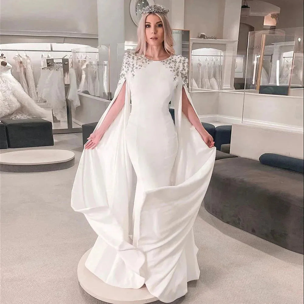 Elegant White Mermaid Dubai Evening Dress for Women Wedding Party Cape Sleeves Muslim Long Formal Dresses Evening Dress Satin