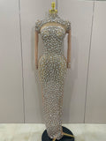 Sparkly Silver Big Rhinestone Sexy Transparent Long Dress Women Evening Birthday Party Celebrate Club Dancer Stage Costume Silver